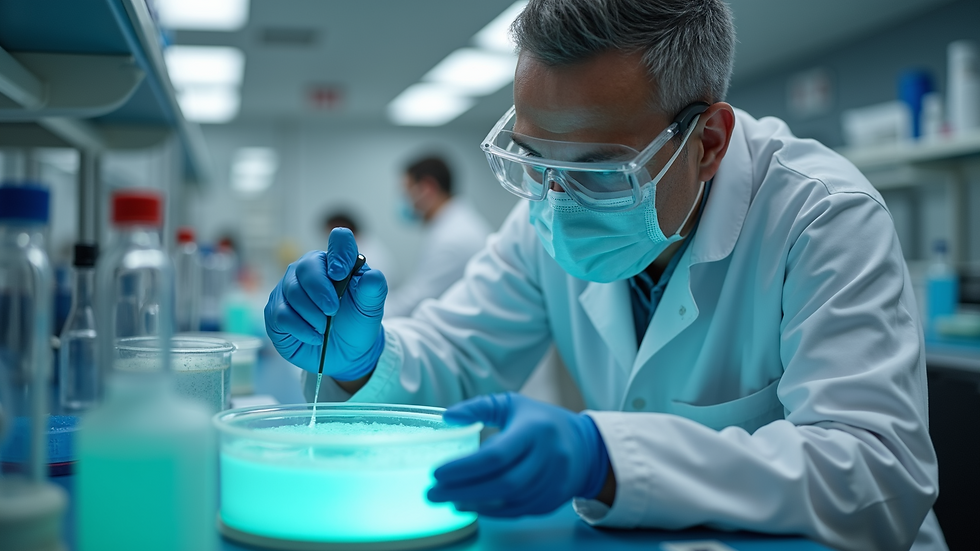 High angle view of laboratory technician analyzing microbial cultures for waste treatment