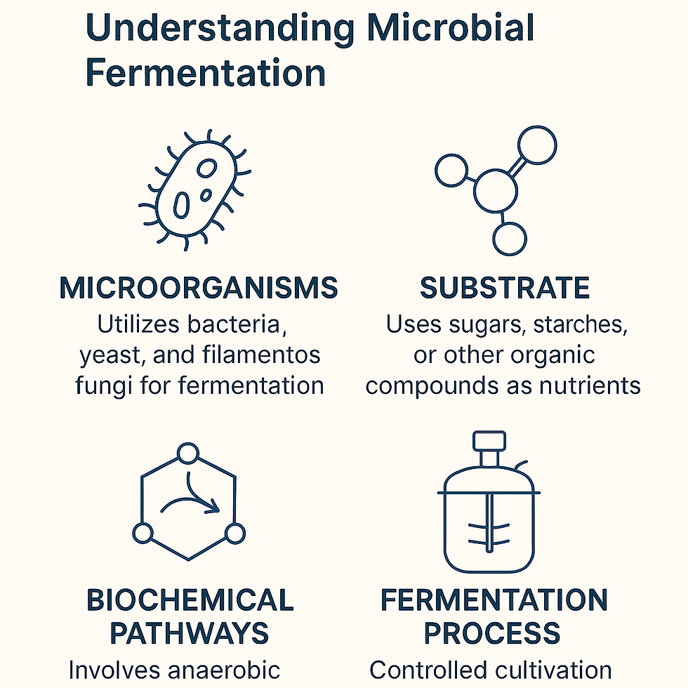 Understanding Microbial Fermentation chart with icons for microorganisms, substrate, biochemical pathways, and fermentation process.
