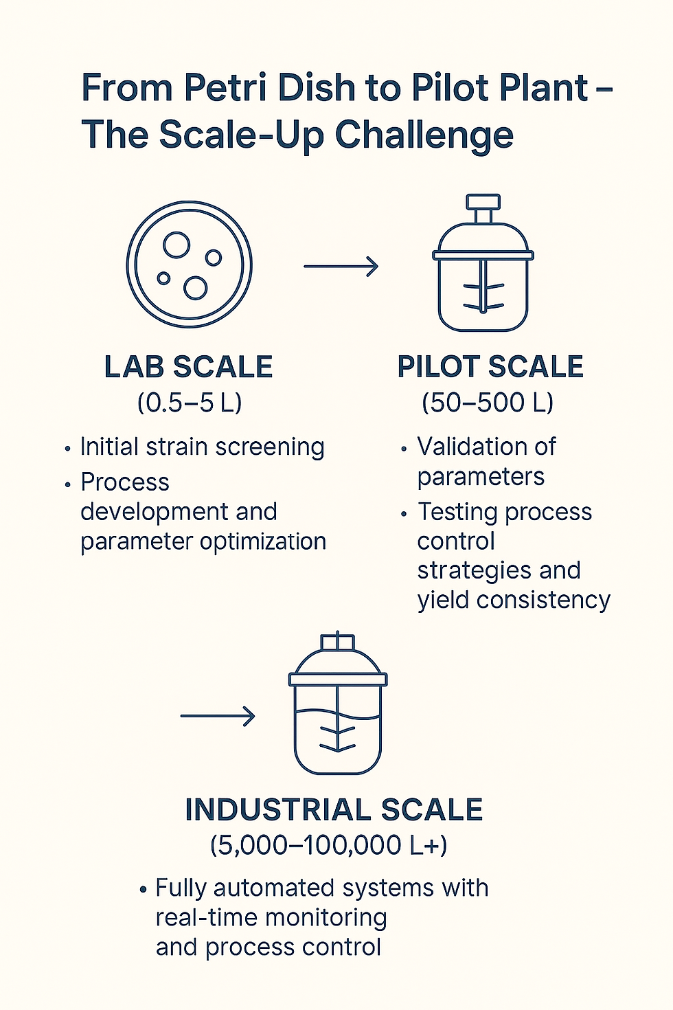 Flowchart titled "From Petri Dish to Pilot Plant – The Scale-Up Challenge" shows Lab, Pilot, and Industrial Scale processes in blue icons.