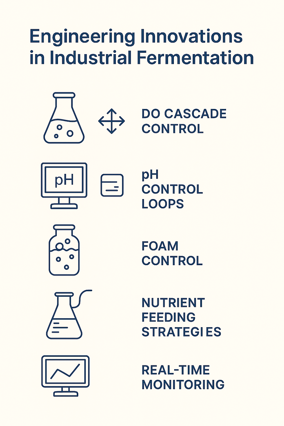 Diagram listing "Engineering Innovations in Industrial Fermentation," with icons and text: DO cascade, pH control, foam control, nutrient feeding, real-time monitoring.