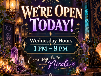 Open today announcement for Des Moines New Age Shop & Community Center at Merle Hay Mall, open from 1 PM to 8 PM with Nicole at the shop.