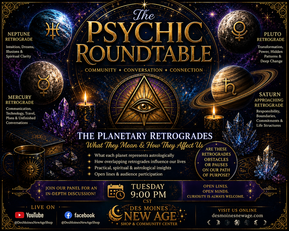 Blue, purple, black, and gold Psychic Roundtable artwork featuring Mercury, Saturn, Neptune, and Pluto among glowing planets, stars, crystals, candles, and a crystal ball, promoting a live discussion about the planetary retrogrades.
