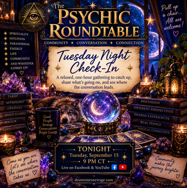 Psychic RoundTable promotional graphic for a one-hour Tuesday night community check-in at 9 PM Central, featuring mystical blue, purple and gold celestial imagery.