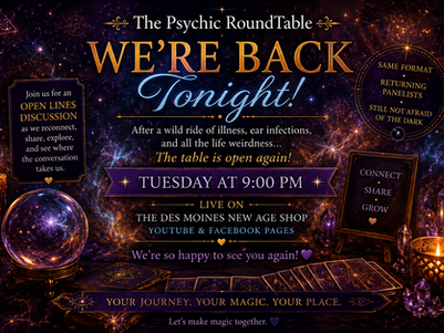Mystical Psychic Roundtable promotional graphic with purple and gold celestial styling announcing the return of the live Tuesday night discussion at 9 PM.