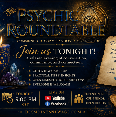 Purple and gold celestial-themed Psychic Roundtable promotional graphic announcing a relaxed evening of open discussion, spiritual tips, community conversation, and audience participation.