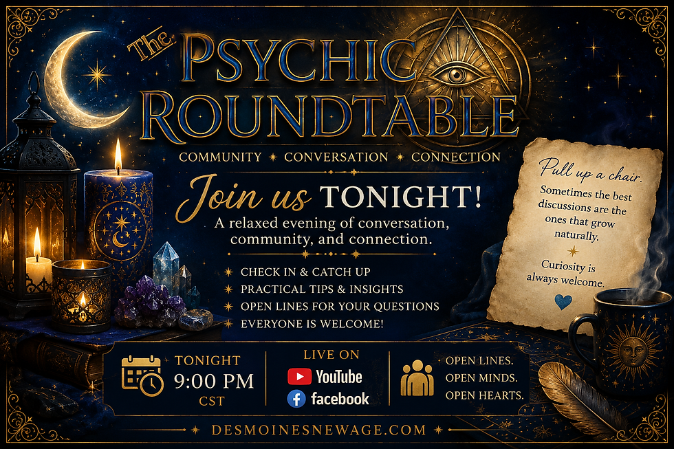 Purple and gold celestial-themed Psychic Roundtable promotional graphic announcing a relaxed evening of open discussion, spiritual tips, community conversation, and audience participation.