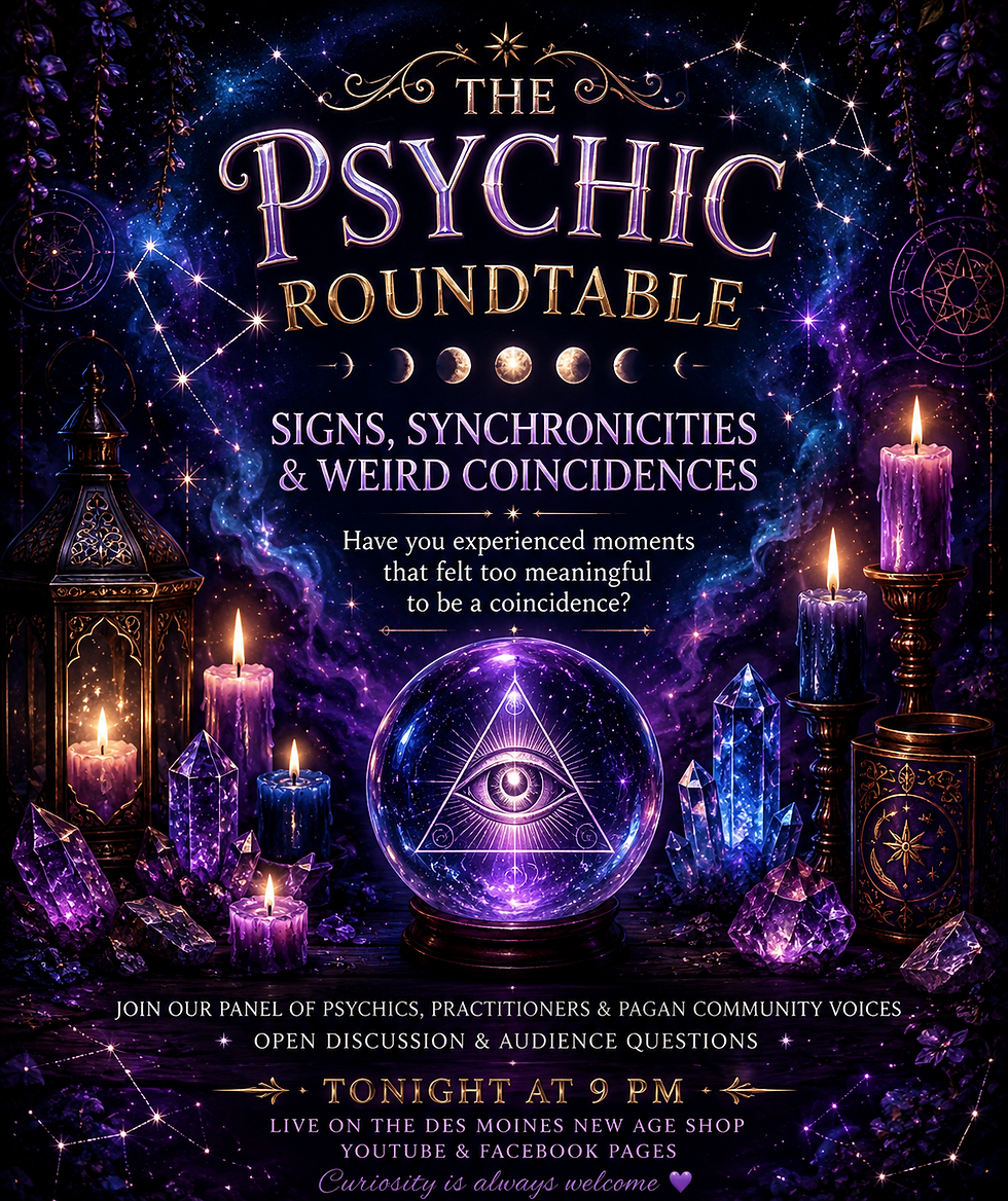 Mystical Psychic Roundtable promotional graphic featuring celestial purple and gold tones announcing a live discussion about synchronicities, intuition, and strange coincidences.