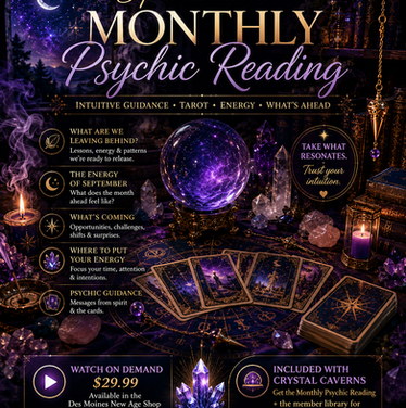 Mystical psychic reading table beneath a star-filled night sky featuring a glowing crystal ball, tarot cards, pendulum, incense smoke, candles, crystals and antique books in rich purple, blue and gold tone
