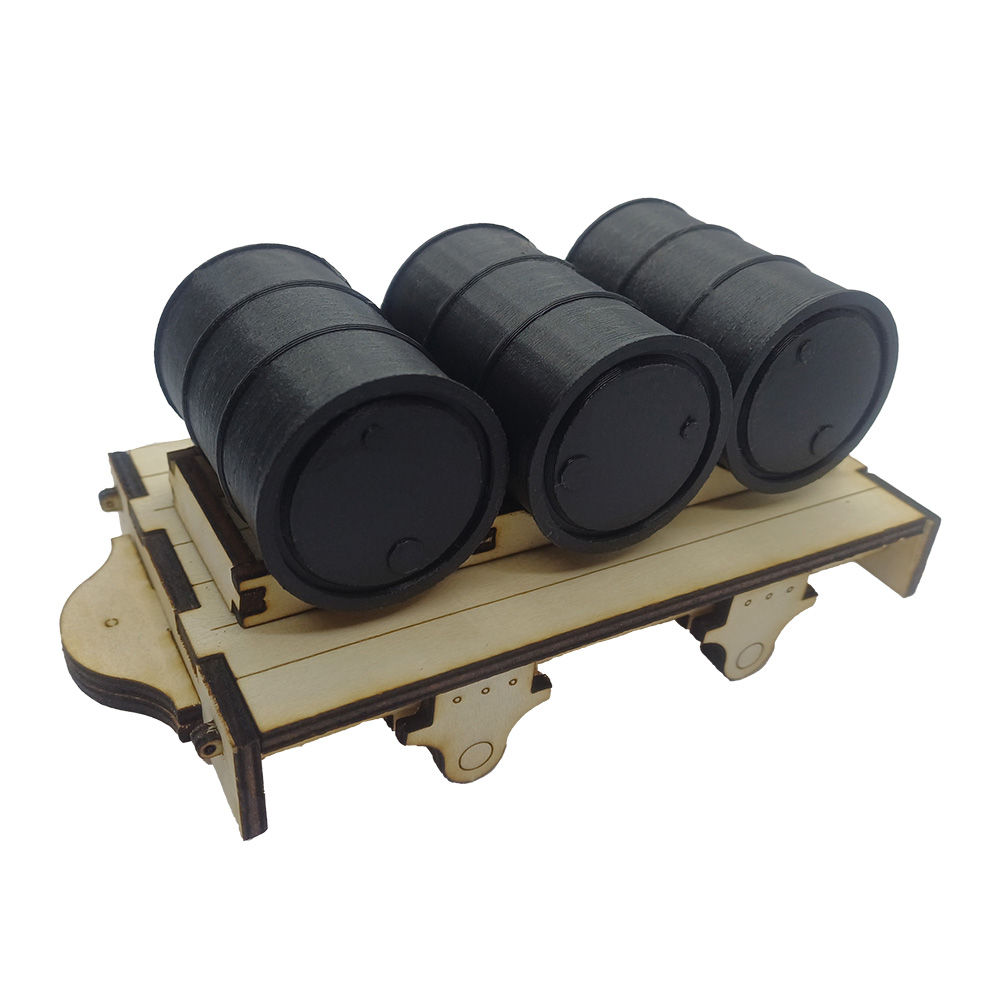 Flat wagon (1:19 scale) with a 3 oil barrel wagon load
