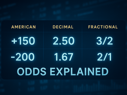 A sleek, cinematic 3:2 banner-style image showing a glowing digital betting interface with three odds formats side by side: American (+150, -200), Decimal (2.50, 1.67), and Fractional (3/2, 2/1). Floating labels above each column. Subtle background of a sportsbook screen, financial graphs, or glowing betting slips. Cool blue tones with light gold accents for contrast. Bold central title says: “Odds Explained” in modern, professional typography. No human figures. Feels like a clean app interface or betting tutorial cover.