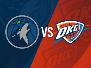 The image is a dynamic, high-contrast sports matchup poster featuring the logos of the Minnesota Timberwolves and the Oklahoma City Thunder. The background is split diagonally—dark blue on the left for the Timberwolves and vivid red-orange on the right for OKC—each side reflecting the team’s signature colors and branding patterns. At the center is a bold white "VS" separating both logos. The Timberwolves logo features a howling wolf in front of a stylized basketball with green stars, while the OKC Thunder logo is a modern shield with bold "OKC" text over a basketball graphic. The overall style is sharp, modern, and perfect for a game day preview.