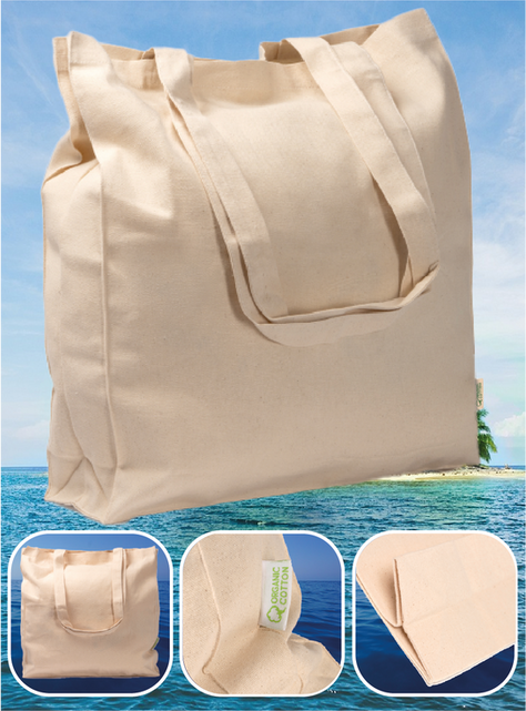 BOLSO DE ALGODÓN
Color crudo/natural. Impreso a todo color.
DE 220 GRAMOS. CON FUELLE - ASAS DE 70 cms.
38 ancho X 42 alto X 9 fondo, cms.