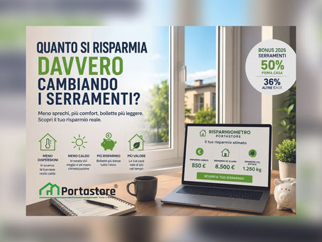 Grafica promozionale di Portastore sul risparmio energetico dei serramenti. Sullo sfondo una scrivania con laptop, tazza e blocco note davanti a una finestra. Testo principale: "Quanto si risparmia davvero cambiando i serramenti?". In evidenza un bollino sul "Bonus 2026 Serramenti" con detrazioni al 50% per prima casa e 36% per altre case.