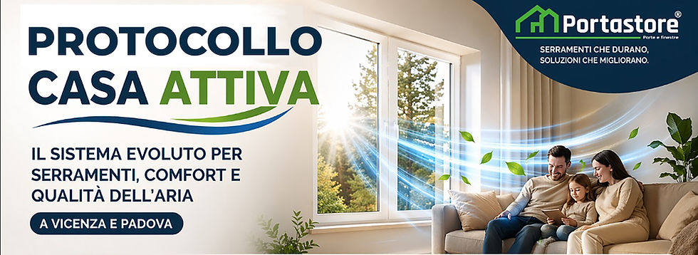 Family on a couch using a tablet, with sunlight streaming through windows. Text in Italian about home comfort and quality of air.