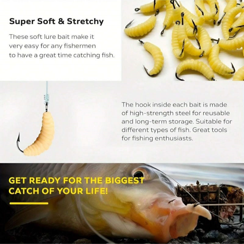 Miniatura: Rubber Maggots Fishing Bait Set with Hooks - Versatile Grub Lures for Bass,Trout