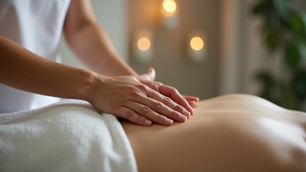 Close-up view of a massage therapist’s hands gently massaging a pregnant woman’s back