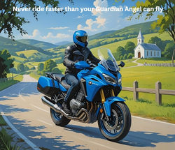 Never Ride Faster blue motorcycle