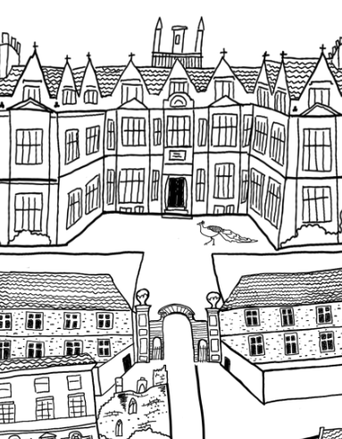 Thumbnail: Extract from the illustrated Corsham tea towel showing Corsham Court and a resident peacock