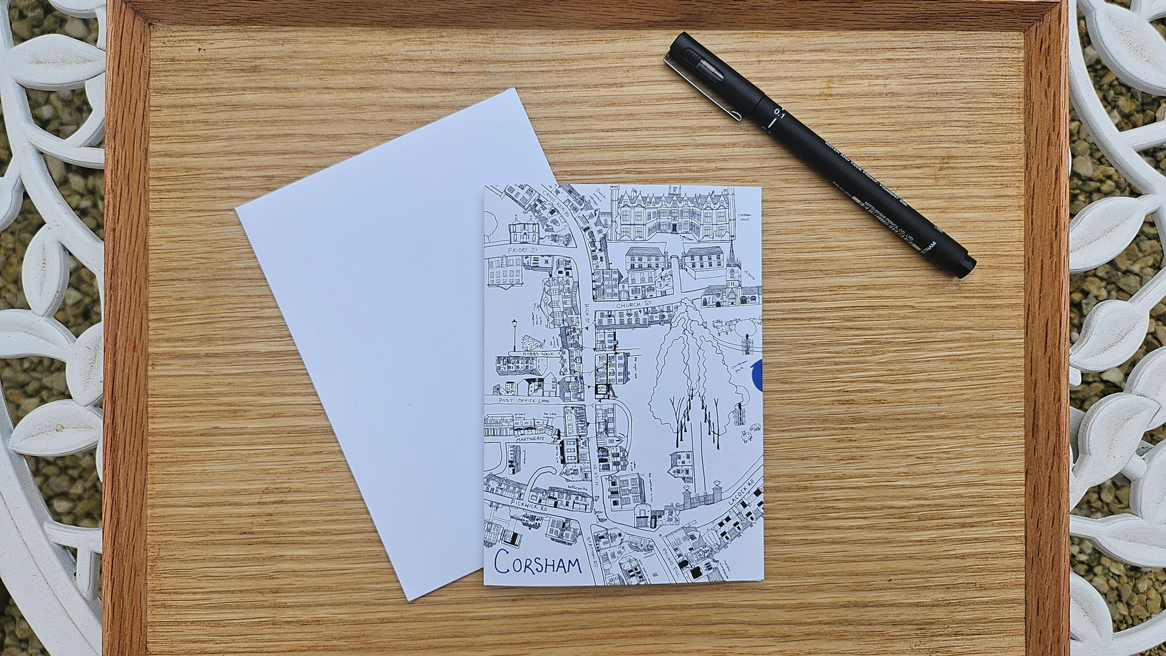 Single A6 greetings card featuring the illustrated Corsham town map by Made by Jobina