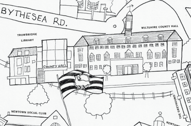 Wiltshire County Hall as featured on the illustrated Trowbridge tea towel