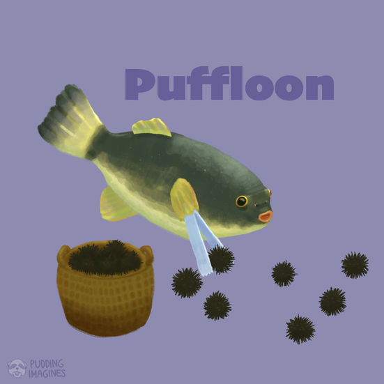 Puffloon & Sea Urchins - a pufferfish picking up some sea urchins