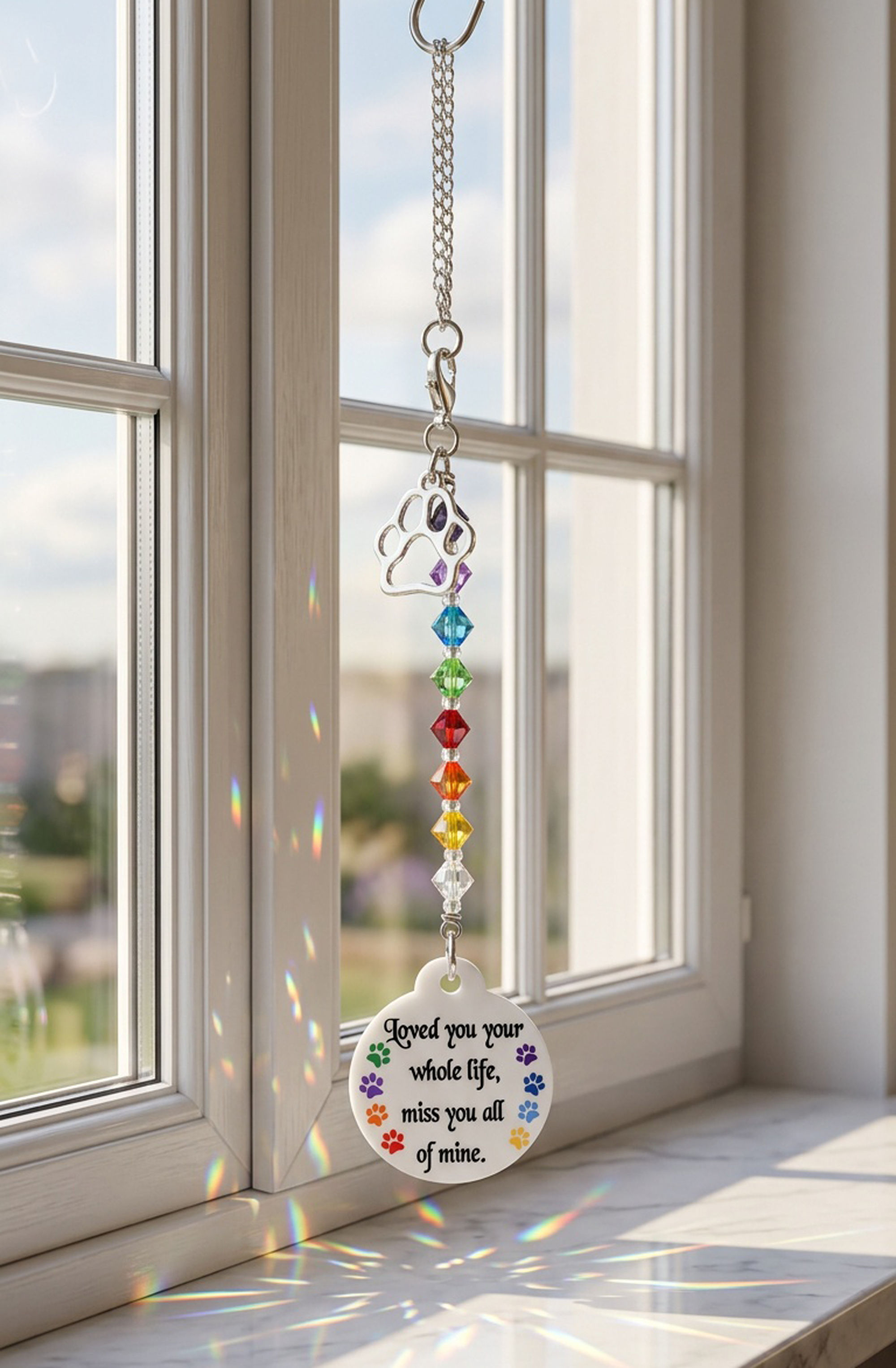 Personalized Pet Loss Rainbow Bridge Rear View Mirror Hanger or Suncatcher
