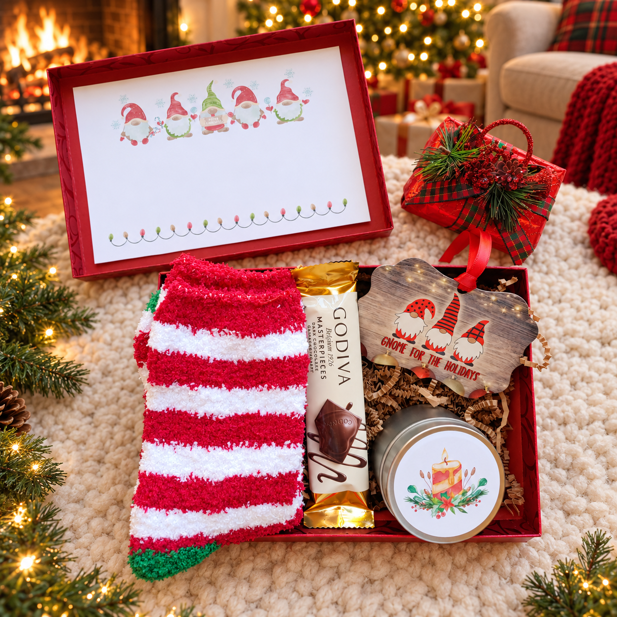 Gnome Ornament Christmas Gift Box with Fuzzy Socks