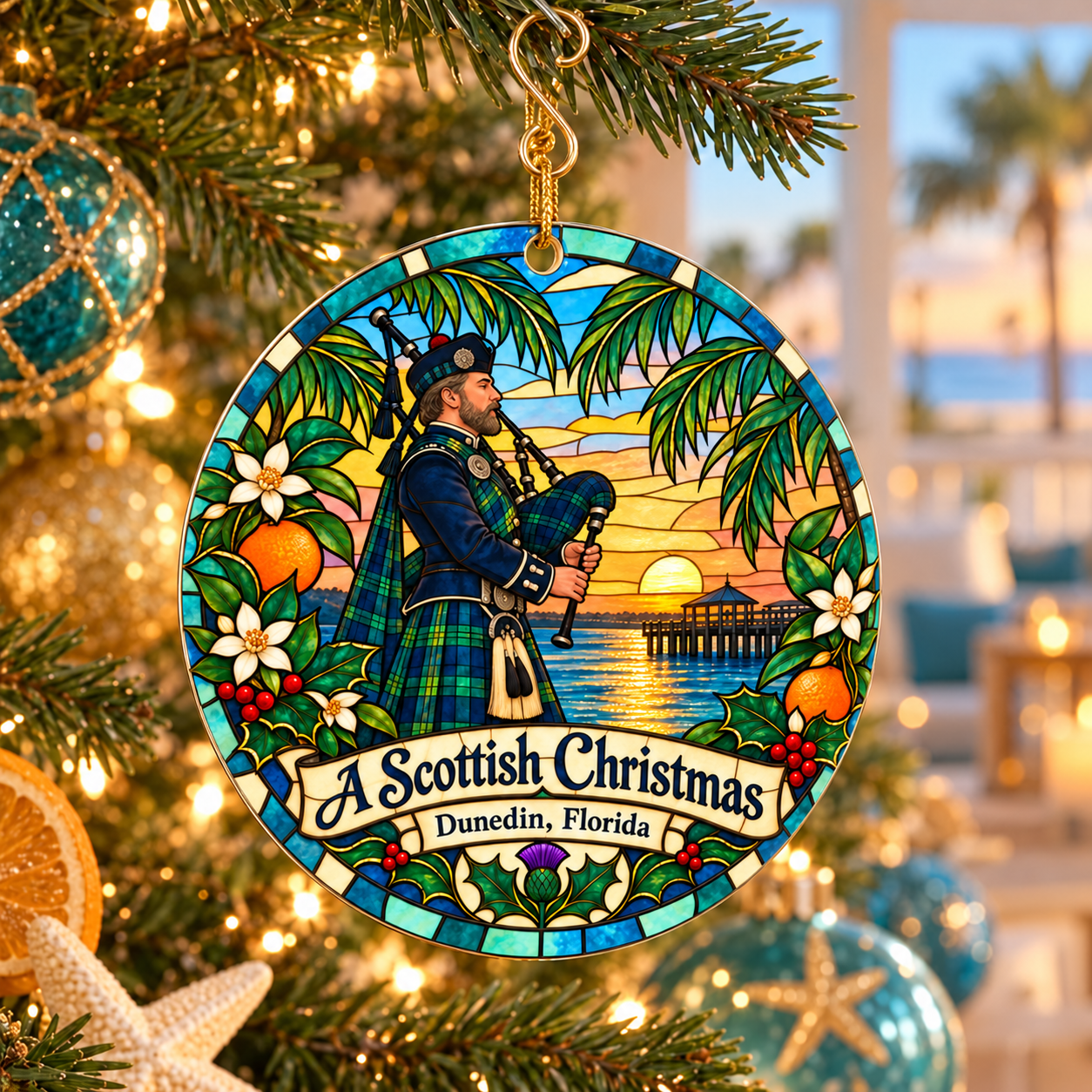 Holiday Dunedin Florida Ornament - Scottish Piper - Metal 3.5in Dia