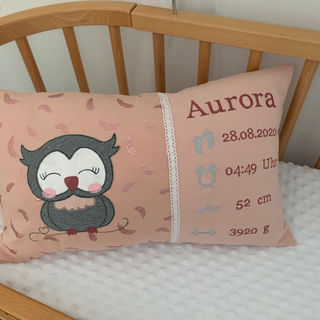 Geburtskissen personalisiert mit Name Geburtsdatum Gewicht Grösse_Eule 1
