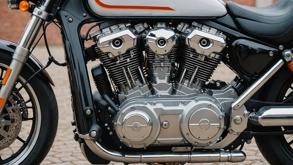 Close-up view of a motorcycle engine with visible components