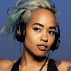 a mixed race beauty with bleached hair wearing studio headphones