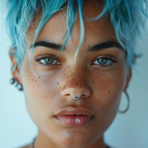 a mixed race freckled beauty with hazel eyes and septum ring