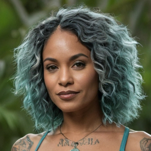 a mixed race beauty with olive skin and bluish shaggy bob
