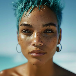 closeup of a mixed race freckled woman with pale eyes and short aqua hair