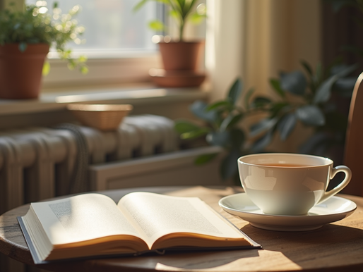A book and tea cup sit on a lit table