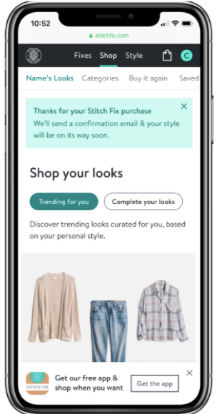 Purchase confirmation screen banner