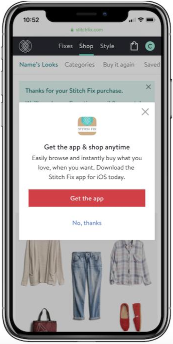 Pop-up on purchase confirmation screen