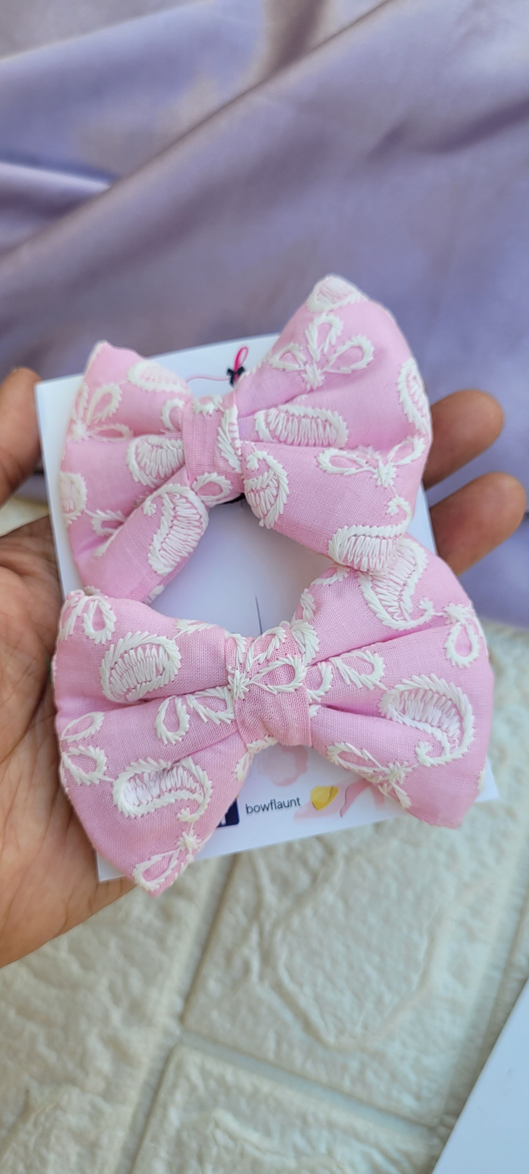 Handmade Bows Light Pink Chikankari