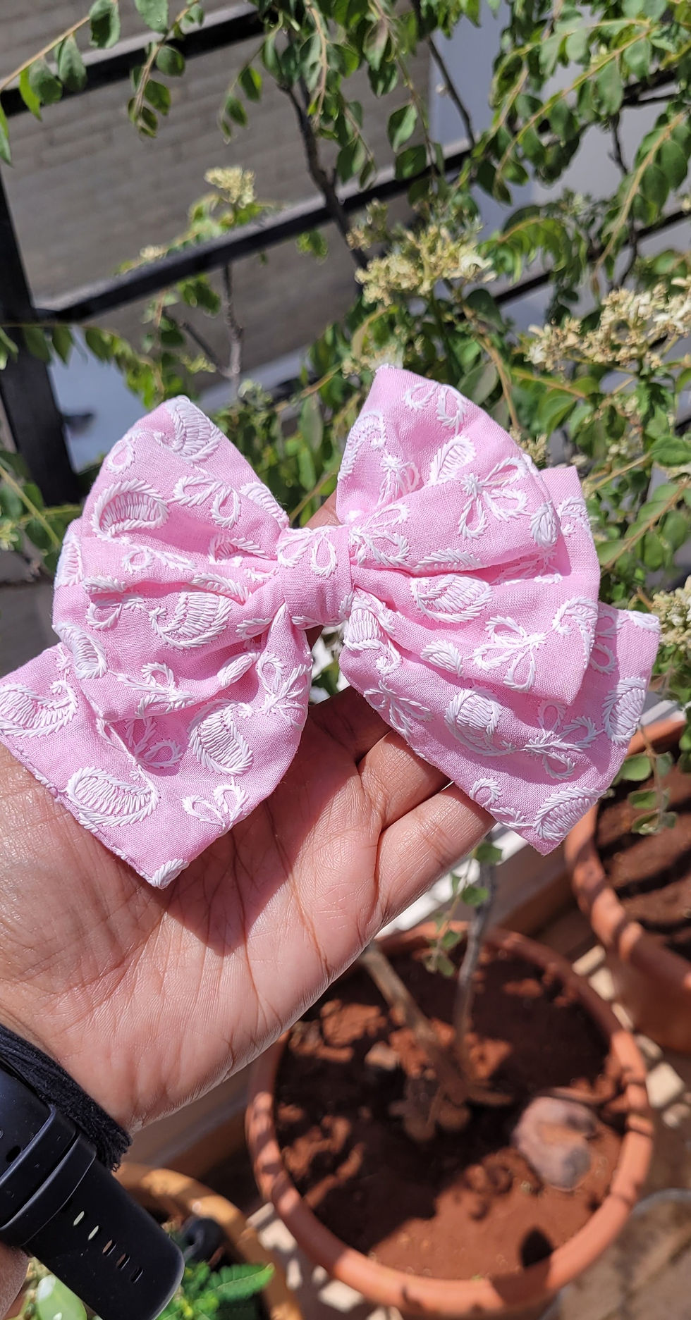 Pink Triple Layer Chikankari Bow