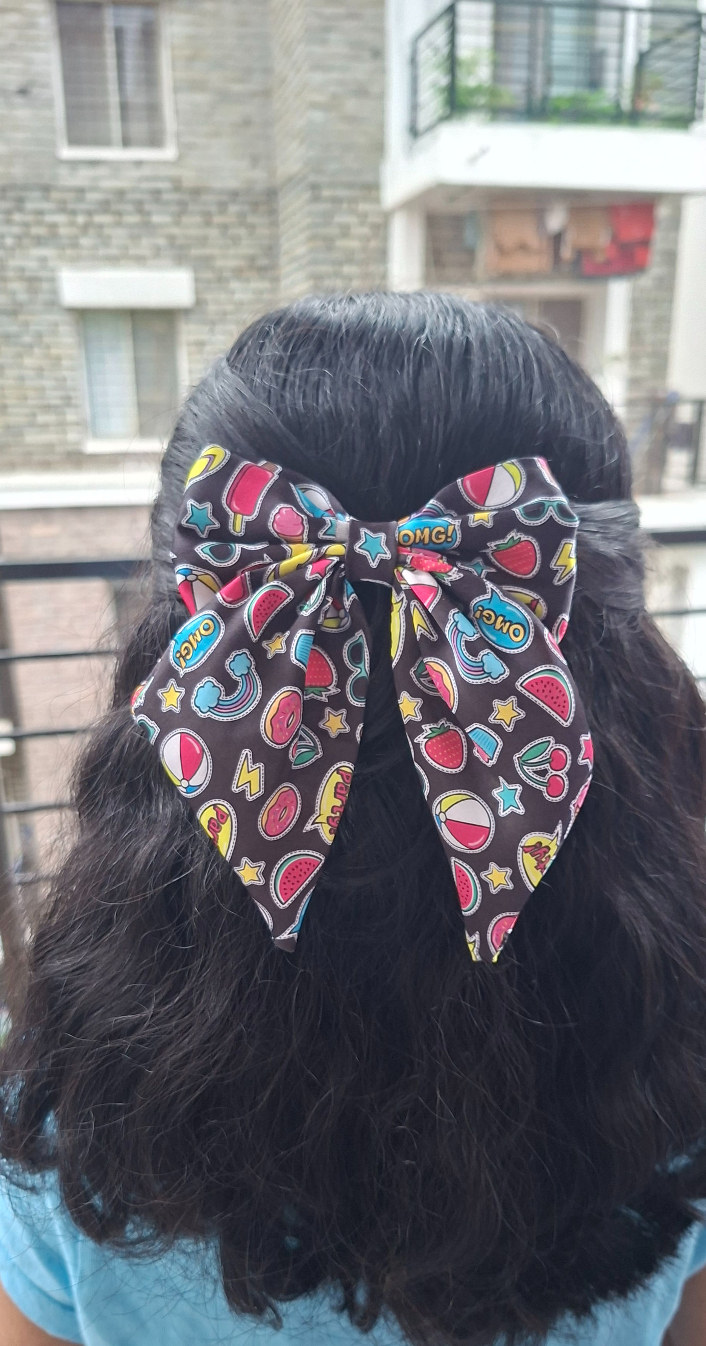 Pigtail Bow Printed Black