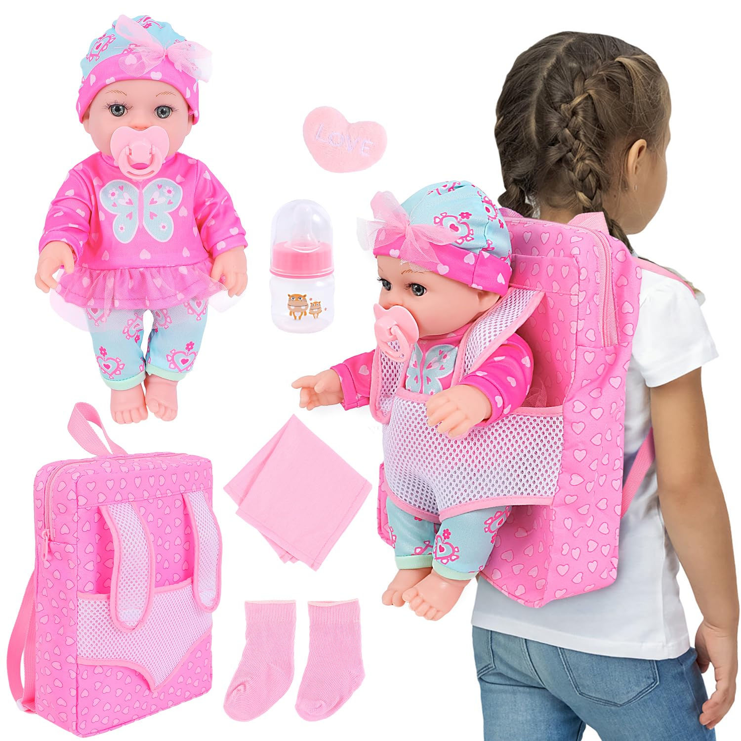 DONTNO 12 Inch Baby Doll with Clothes and Backpack CarrierReborn Baby Doll with