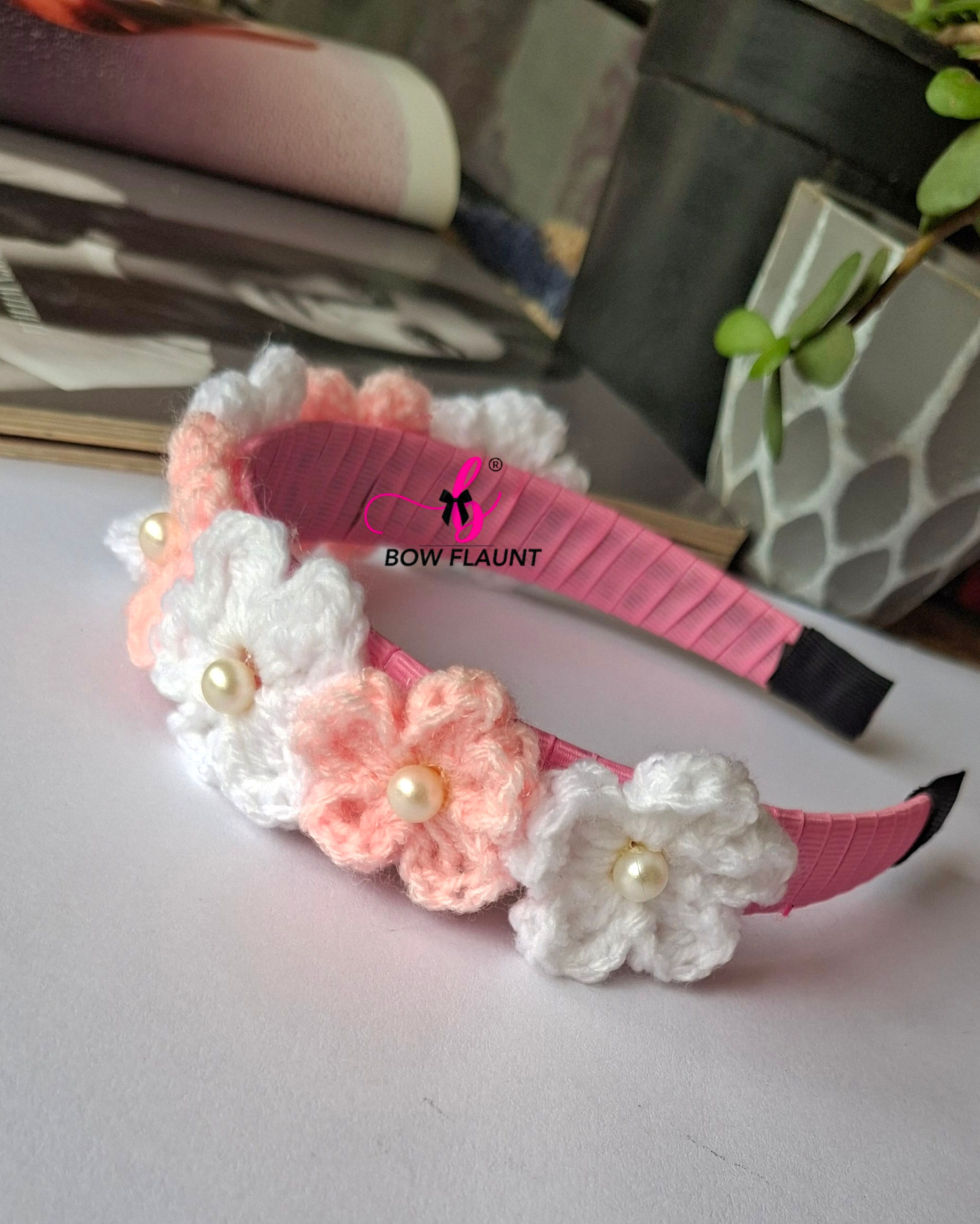 Crochet Flower Hairband White and Light Pink