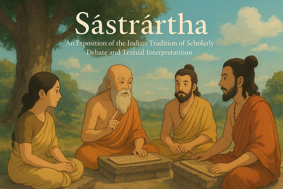 Under the shade of an ancient tree, scholars engage in Śāstrārtha—the timeless Indian tradition of debate and interpretation—where wisdom flows through dialogue, inquiry, and the shared pursuit of truth.: