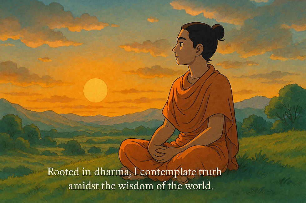 Rooted in dharma, I contemplate truth amidst the wisdom of the world.