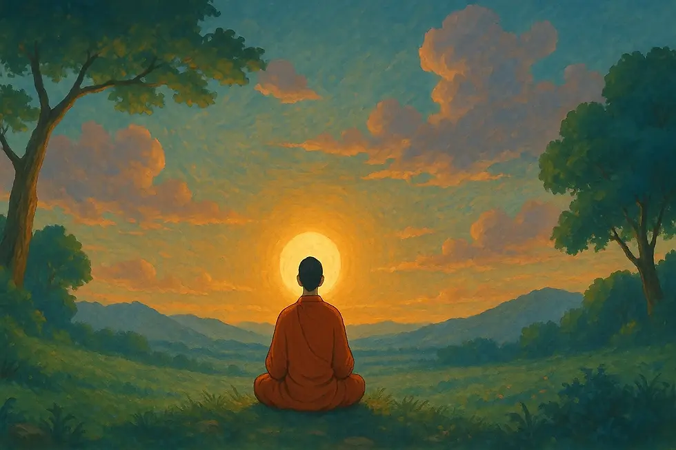 Monk in orange robe meditates facing the sunset, with vibrant sky and clouds. Trees frame the serene landscape, exuding tranquility.