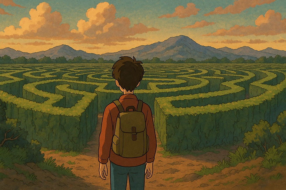 An illustrated young boy with a backpack stands at the entrance of a vast green hedge maze, facing the uncertainty of the winding paths ahead. Behind the labyrinth, distant blue mountains rise under a sky filled with warm sunset clouds. The scene evokes themes of exploration, decision-making, and life’s unpredictable journey.