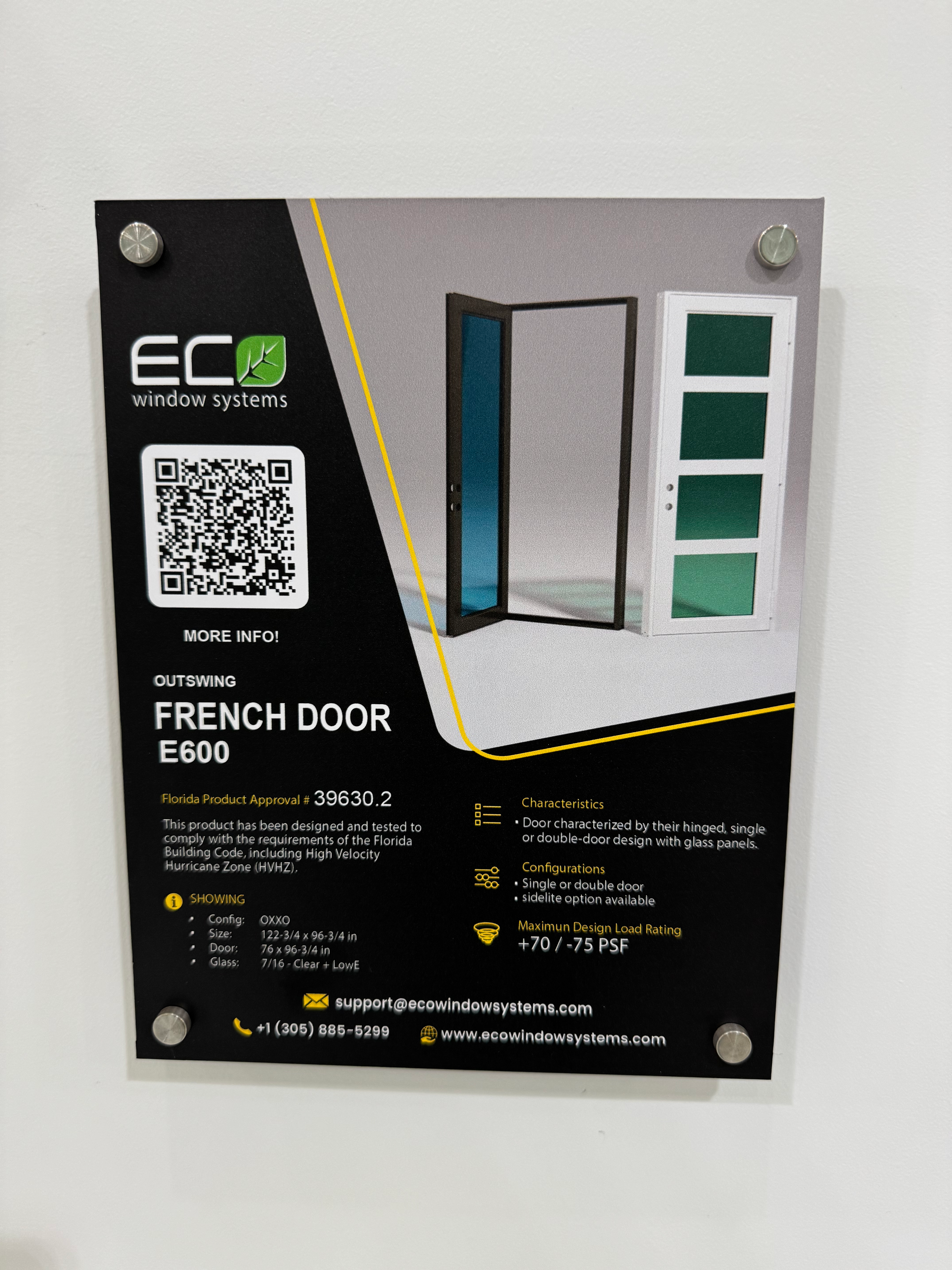 ECO Window Systems E600 French Door display with text information and details.