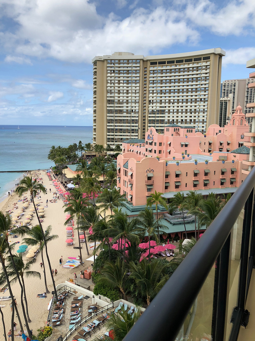 Looking towards the historic Royal Hawaiian Hotel (pink) and it's next door neighbor, the Sheraton Waikiki from the a lanai at Outrigger Waikiki Beach