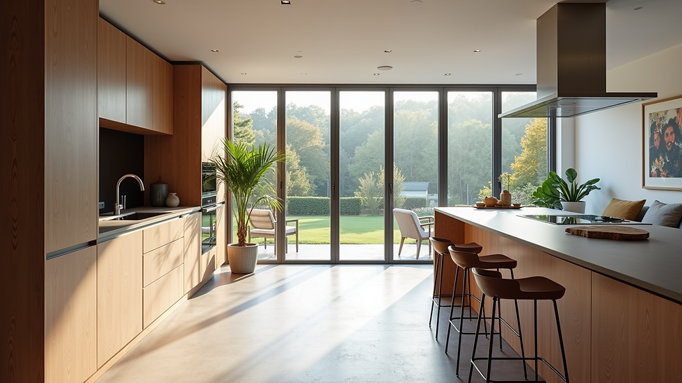 Wide angle view of an elegant modern kitchen featuring bifold doors