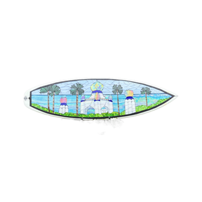 Swamis self realization temple in Encinitas is shown in stained glass with palm trees and ocean backdrop.